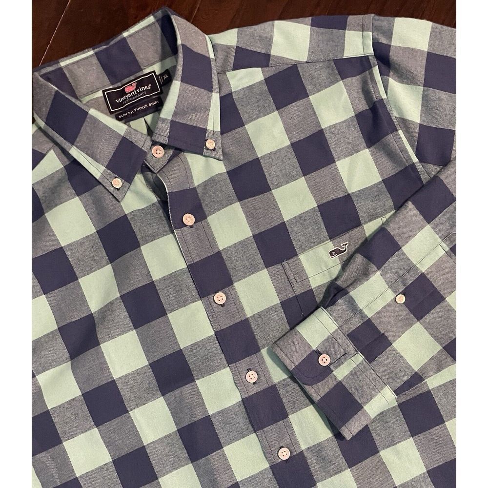 Vineyard Vines Slim Fit Tucker Shirt Blue Green Gingham Button Down Men's XL